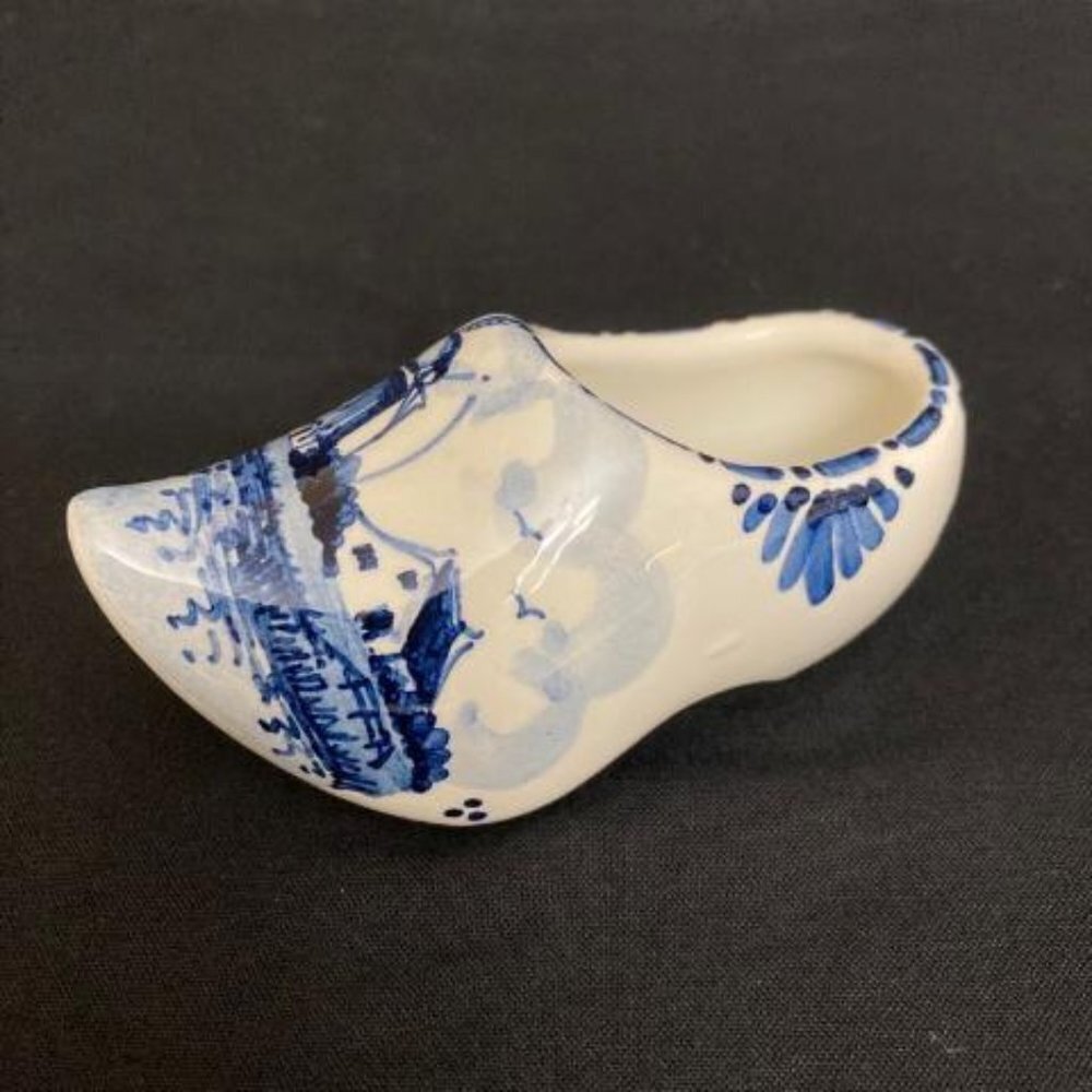 Vtg Delft Blue Mini Dutch‎ Clog Shoe Decorative Hand Painted Ceramic Windmill